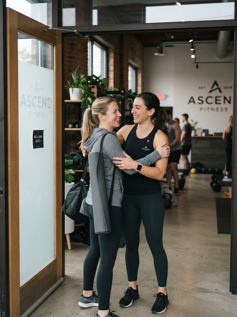 Personal trainer verwelkomt terugkerende klant in de studio