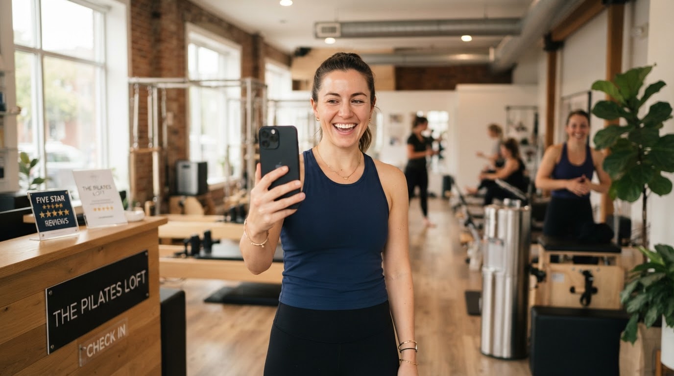 Tevreden fitnessklant die een review deelt op smartphone