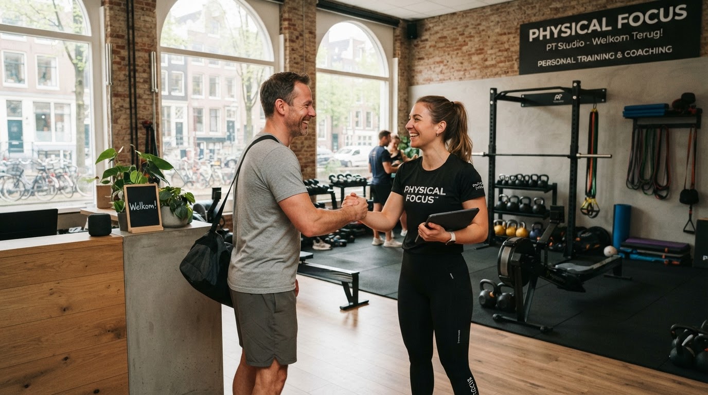 Personal trainer die terugkerend lid verwelkomt in de studio