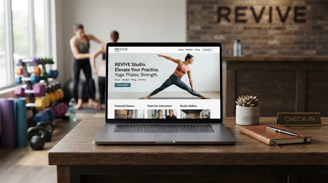 Website van boutique fitness studio op scherm met directe leadverwerking