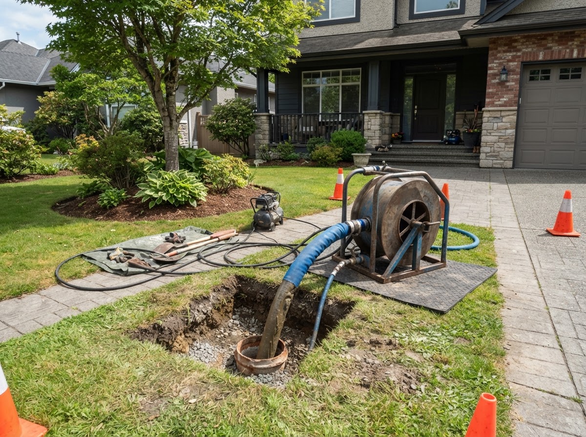 pipe lining pipe liner setup at a small access pit in a residential yard