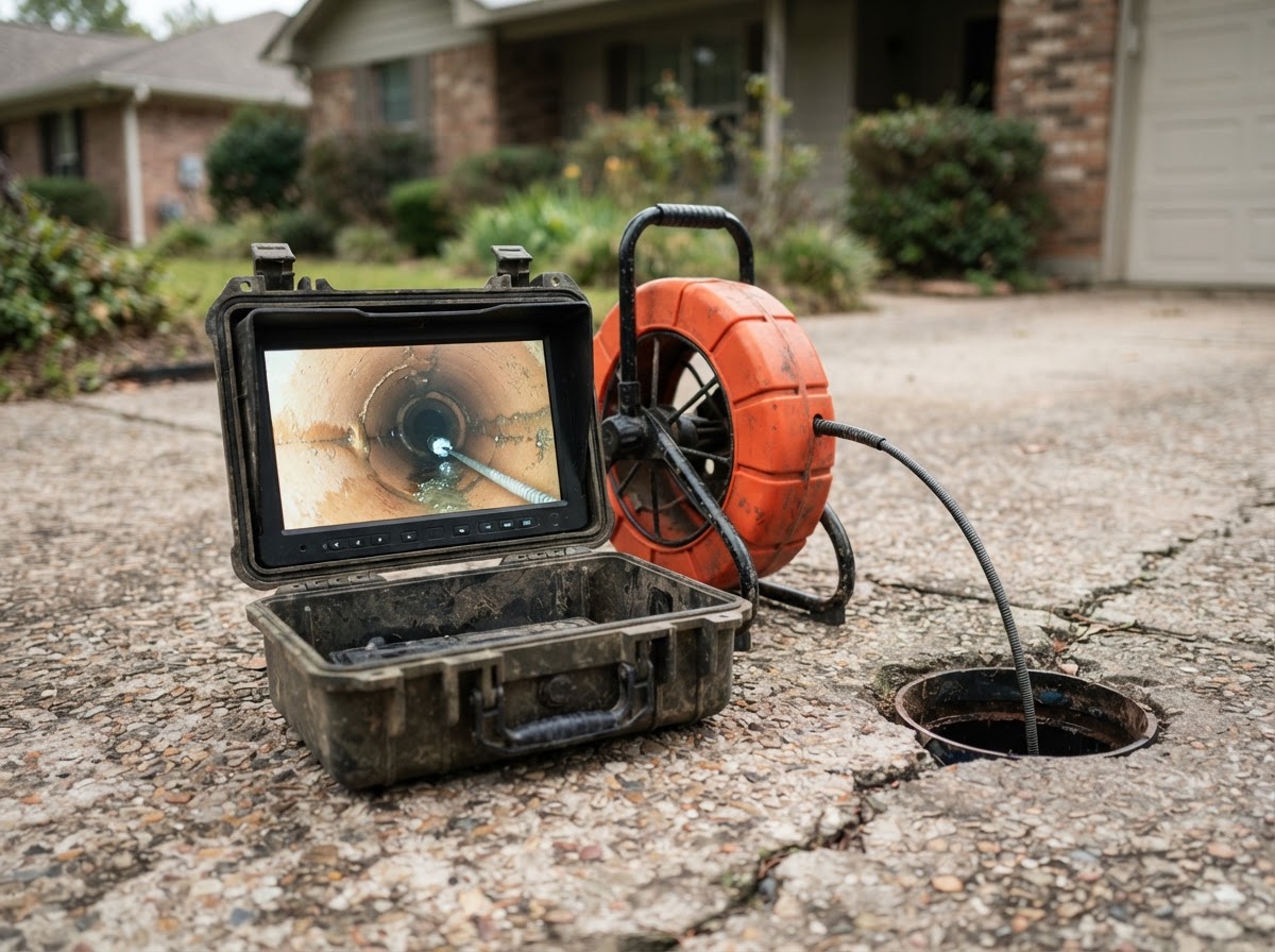 Sewer camera push reel with a monitor showing the inside of a clay pipe (the clay tile used in that era)