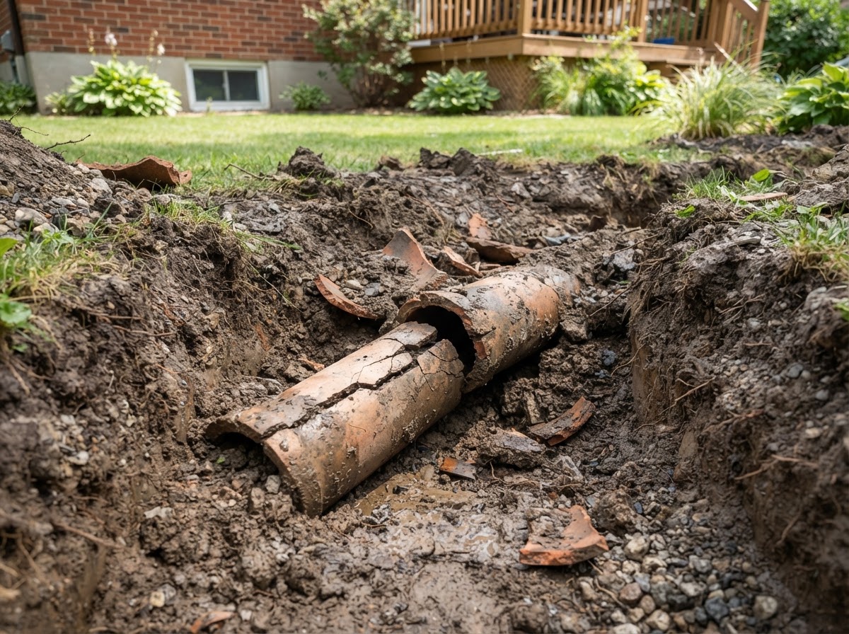 Excavated section of cracked and offset clay pipe (the clay tile used in that era) sewer pipe in a trench