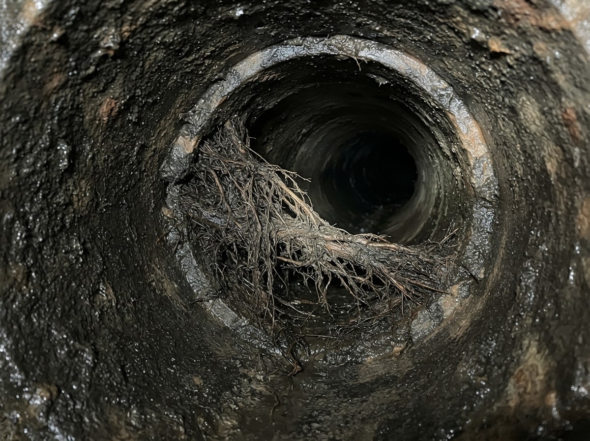 Camera view of tree roots entering a clay pipe (the clay tile used in that era) sewer pipe joint