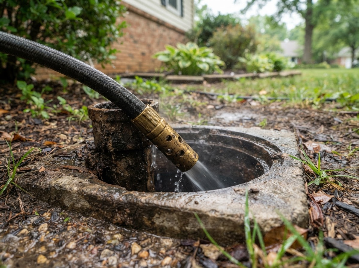 Hydro jetter hose and nozzle entering a sewer cleanout