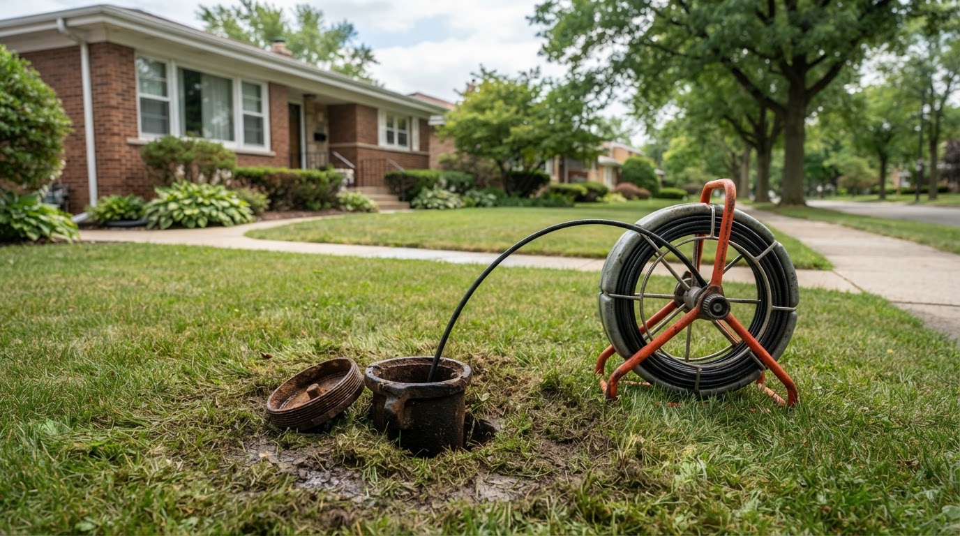 Open sewer cleanout in a residential front lawn with a sewer camera reel and cable beside it