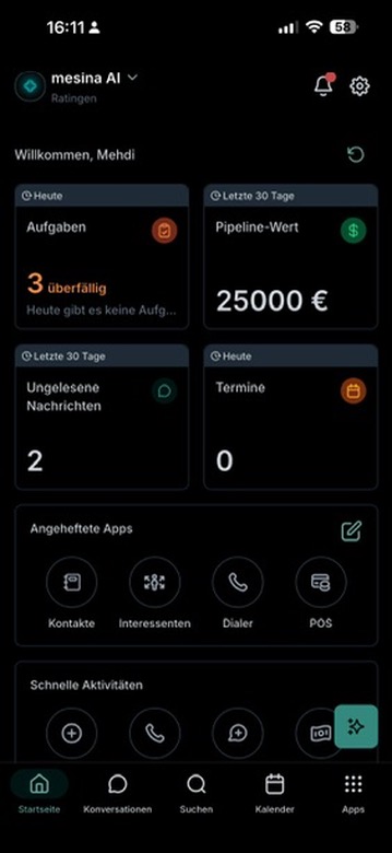 mesina AI Dashboard auf einem Smartphone mit Aufgaben, Pipeline-Wert und Terminen