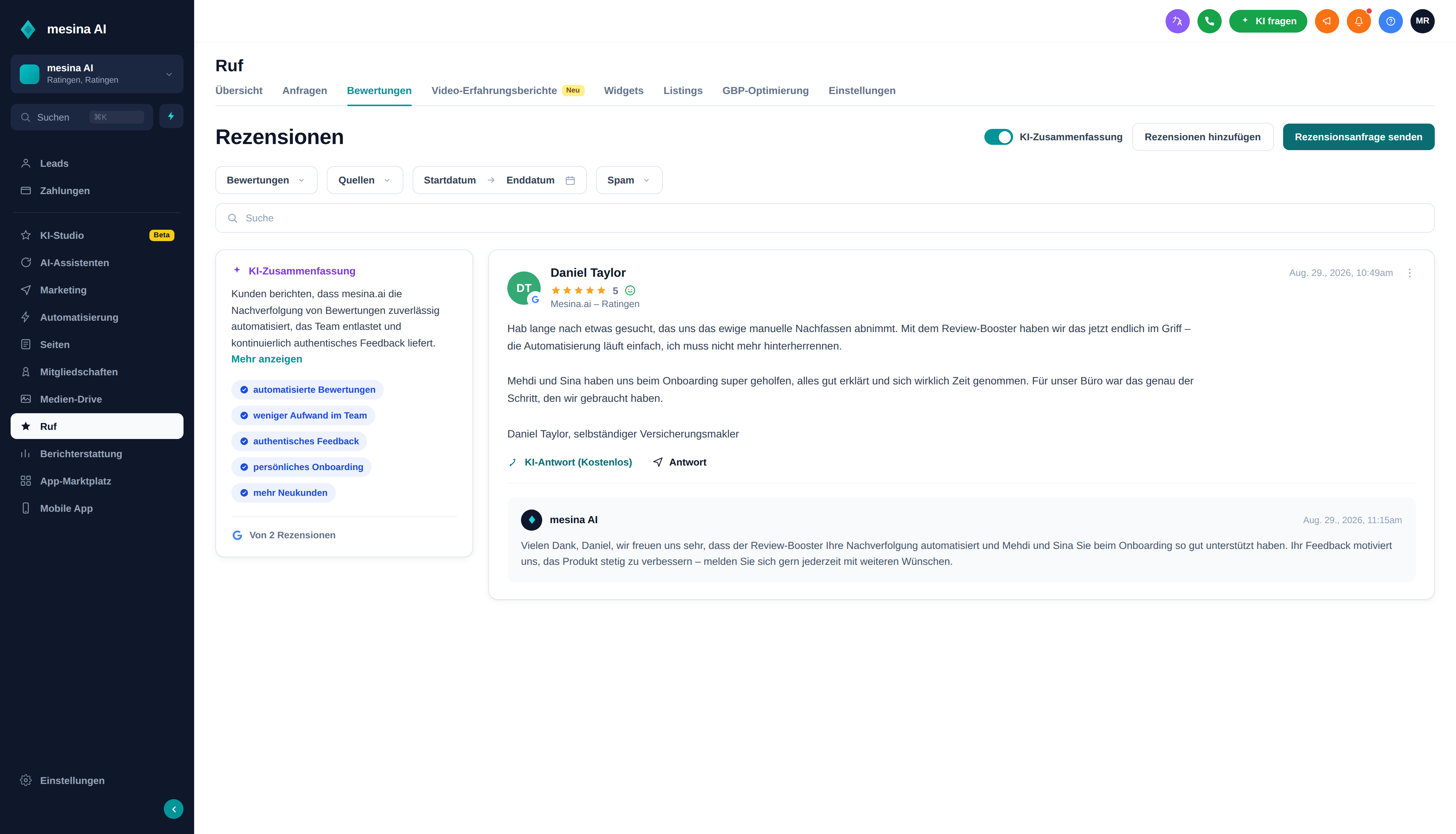 Mesina Bewertungs-Dashboard mit Google-Rezensionen, KI-Zusammenfassung und Antwortvorschlägen