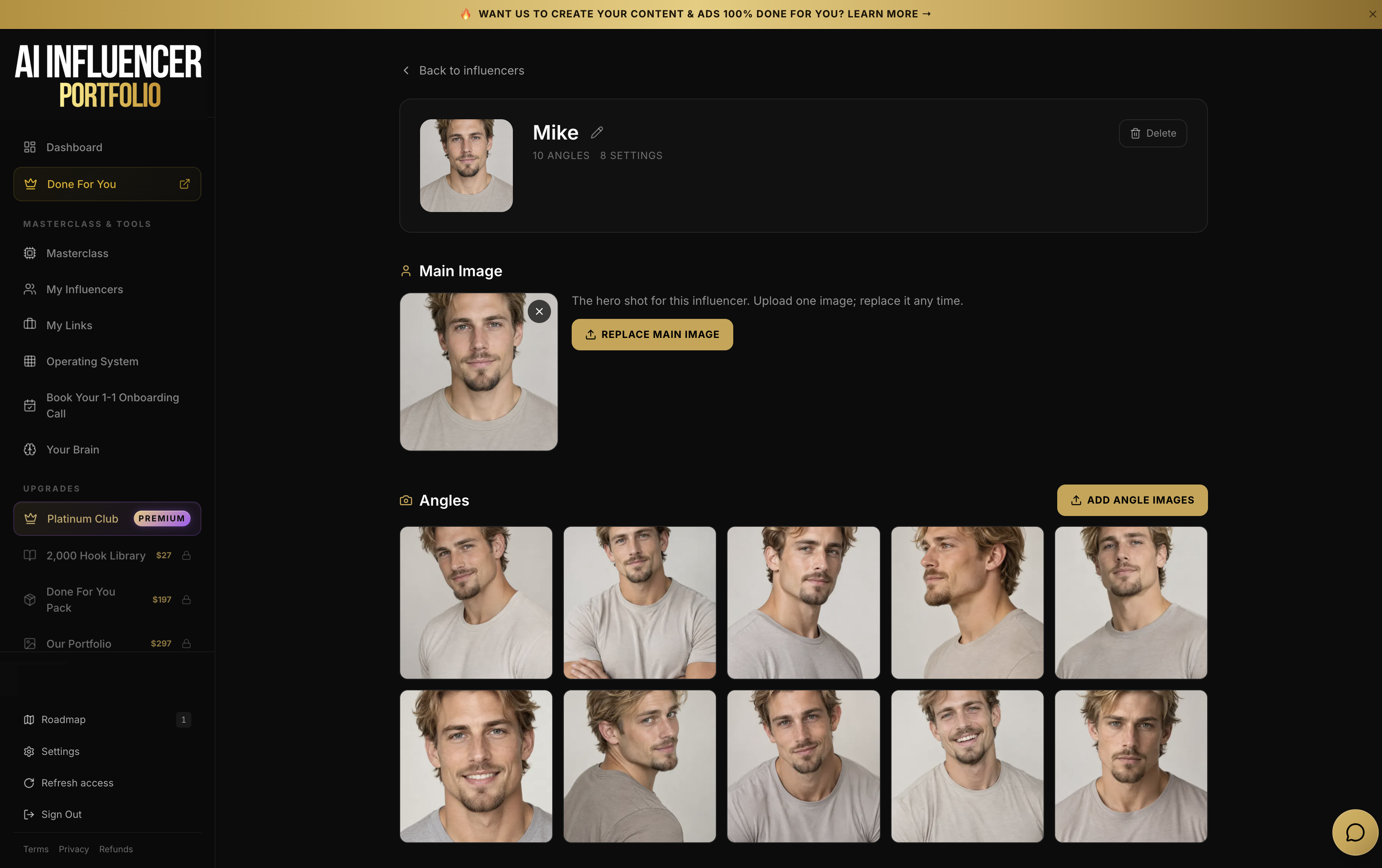 Done For You AI Influencer Dashboard