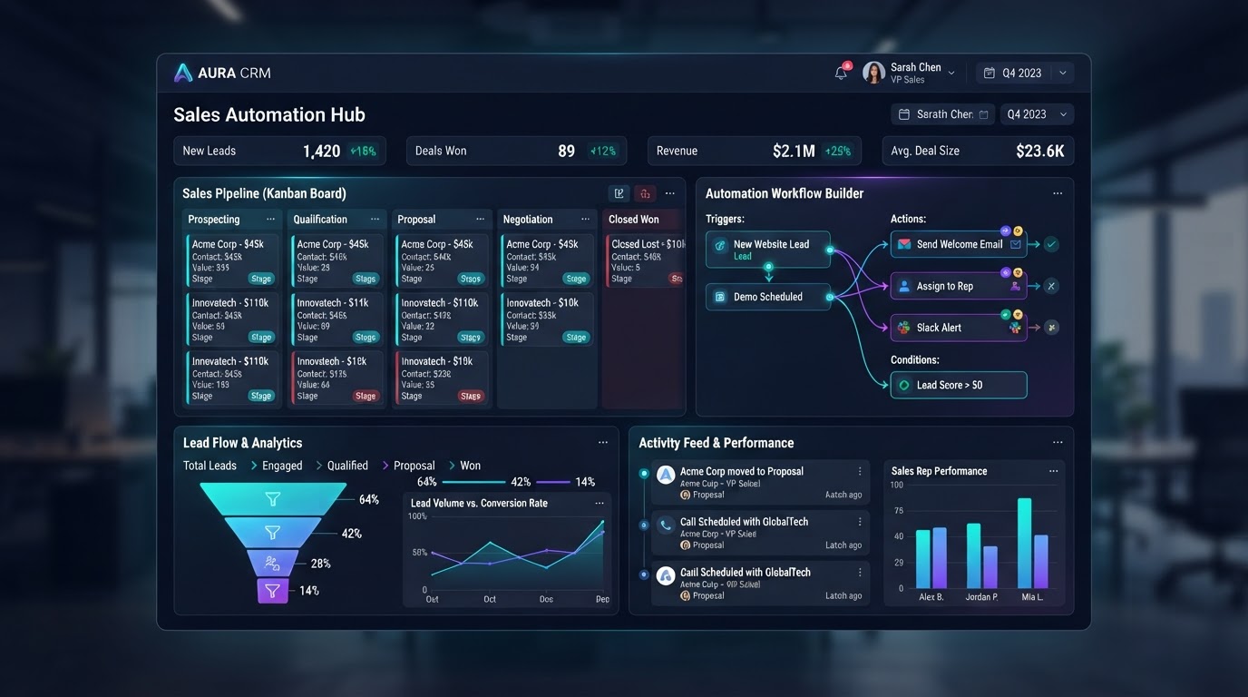 CRM automation dashboard with sales pipeline and lead flow analytics