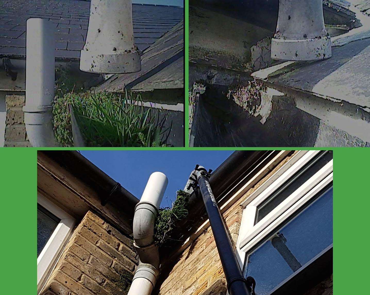 Downpipe outlet cleared of moss and debris after gutter vacuuming service