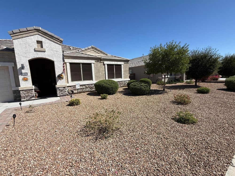 Clean front yard desert landscaping with manicured shrubs and gravel