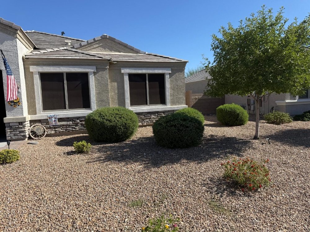 Low maintenance front yard desert landscaping with gravel and drought-tolerant plants