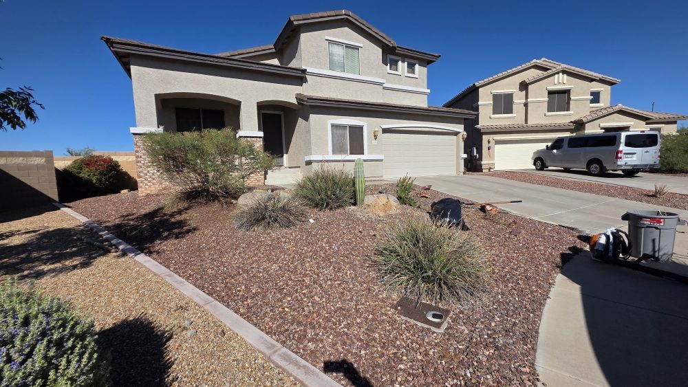 Front yard landscaping with a saguaro cactus, assorted desert grasses, and decorative rock