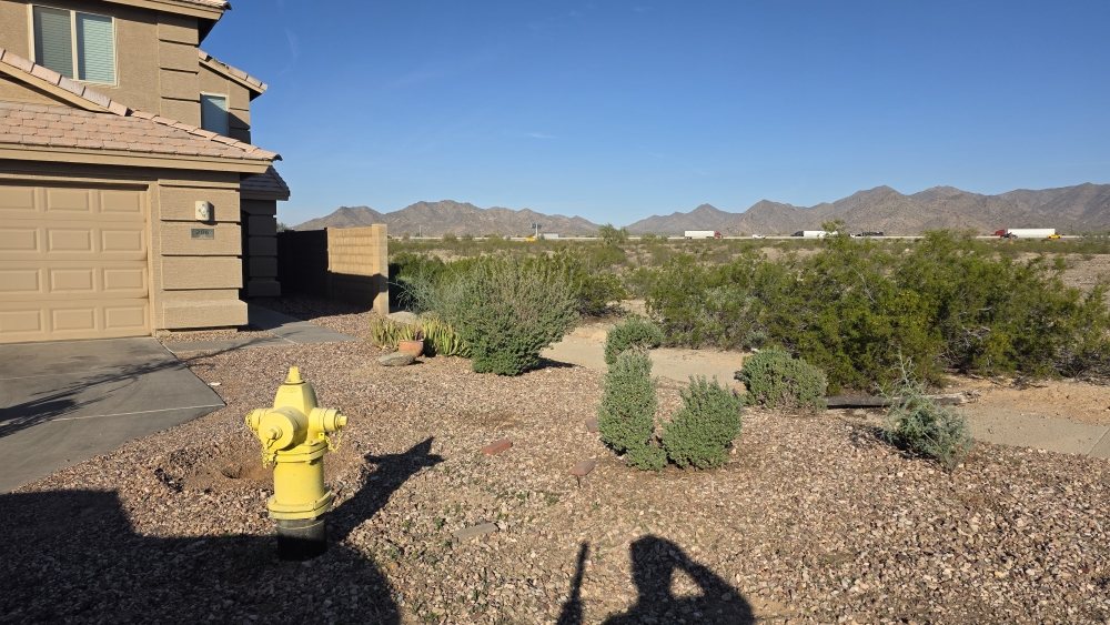 Corner lot landscaping with native desert shrubs and distant mountain views
