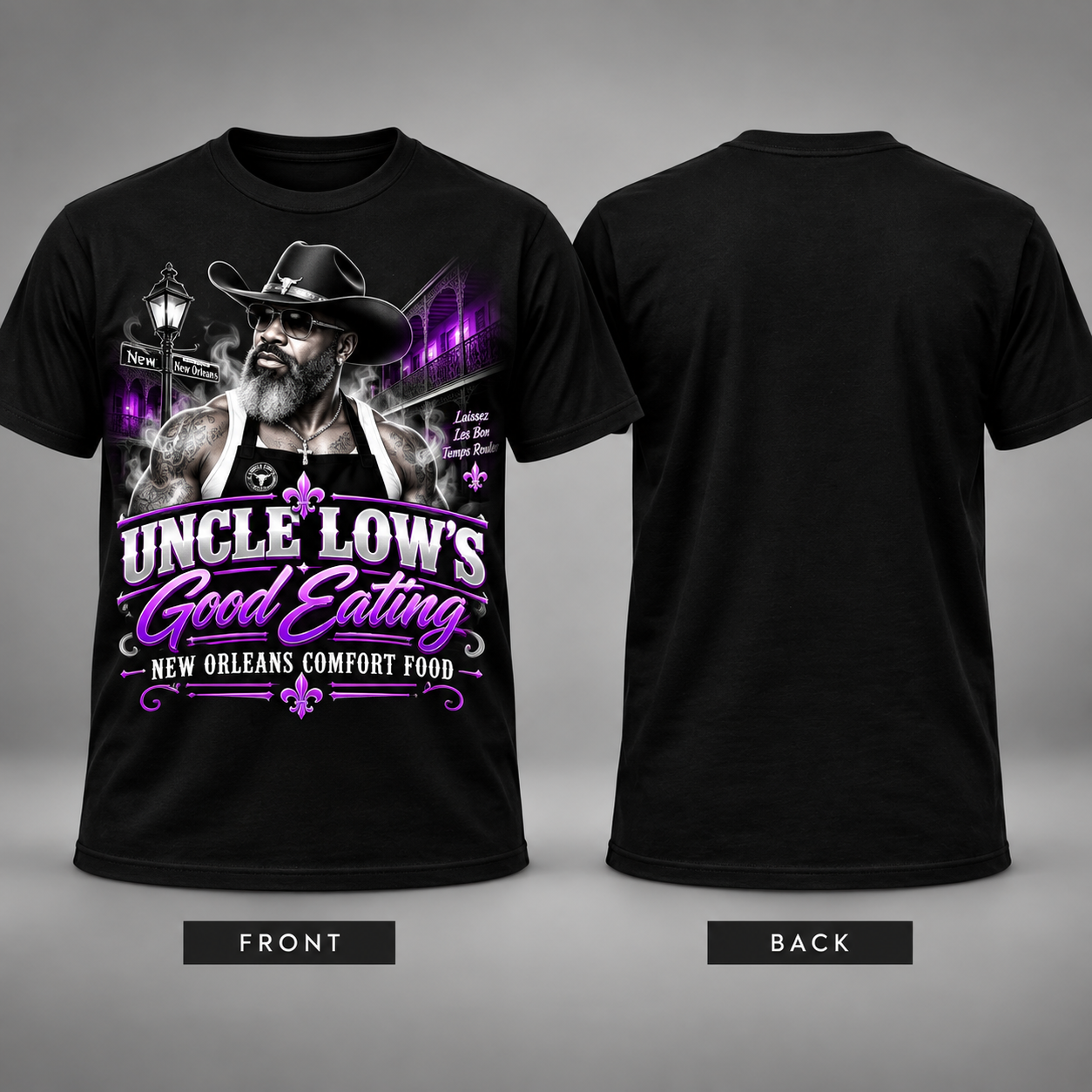 Uncle Low's Good Eating signature black t-shirt front and back view