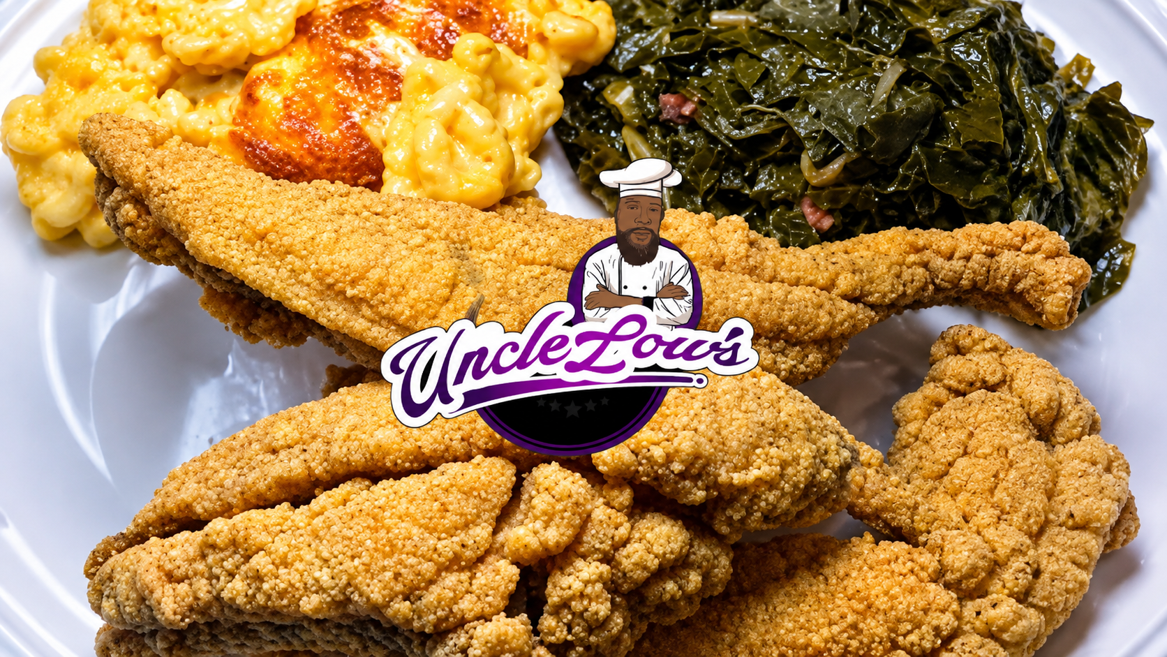 Uncle Low's signature Southern fried fish plate with mac & cheese and collard greens