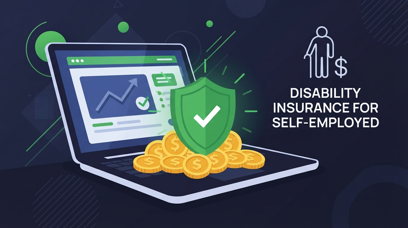 Icon illustration of a laptop with a shield over income coins for self-employed disability