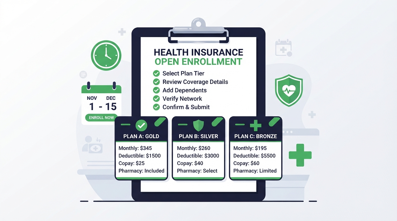 Icon illustration of a checklist clipboard with insurance plan cards for open enrollment