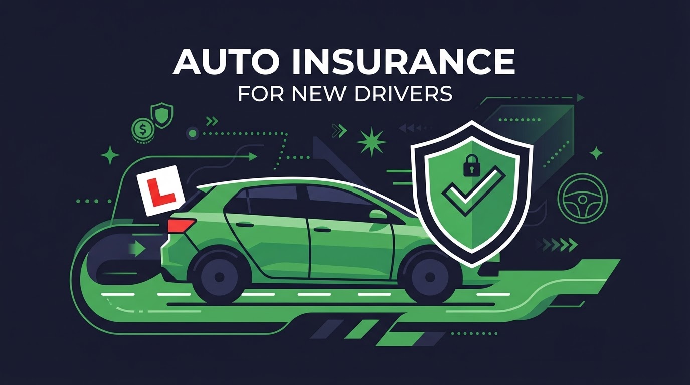 Icon illustration of a car with an L-plate and shield for new driver auto insurance