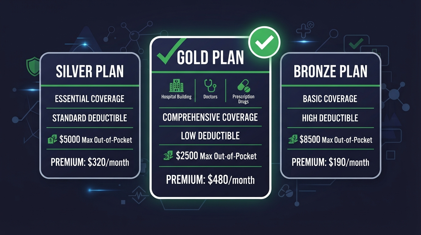 Icon illustration of health insurance plan cards with a checkmark for choosing a plan