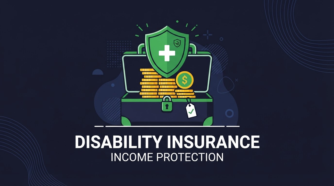 Icon illustration of a briefcase with a shield over coins for disability income protection