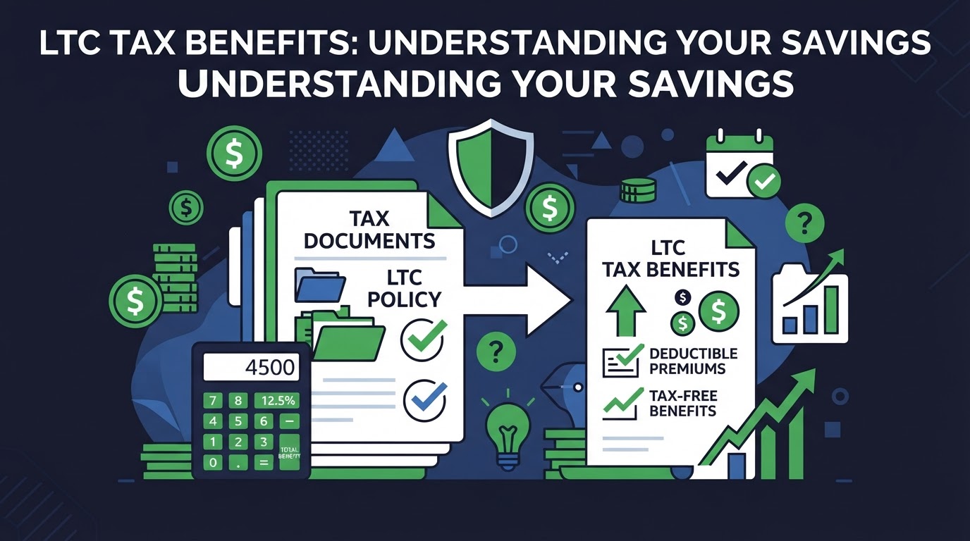Icon illustration of tax documents and a calculator with an LTC policy for tax benefits