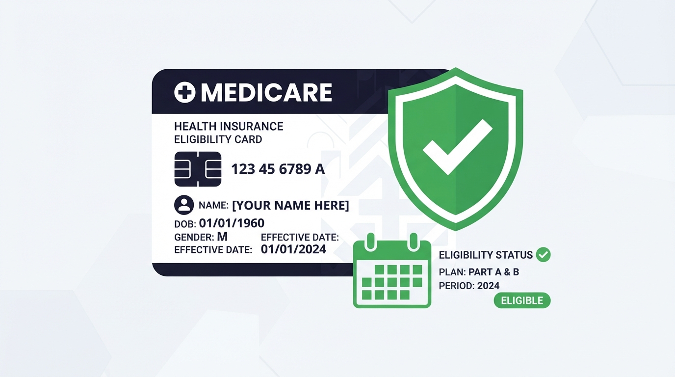 Icon illustration of a Medicare card with a shield and calendar for eligibility