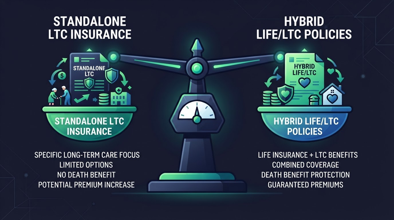 Icon balance scale comparing standalone LTC insurance and hybrid life/LTC policies