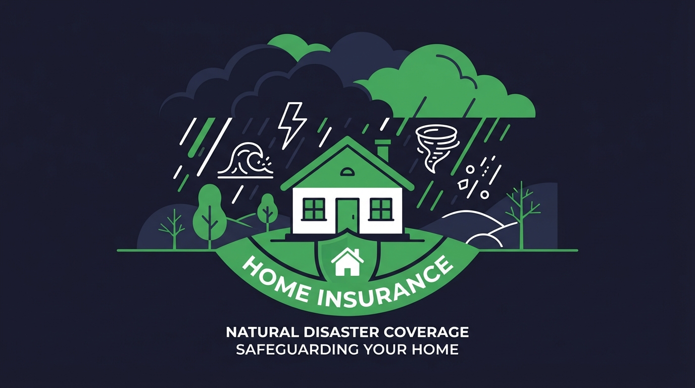 Icon illustration of a house under storm clouds with disaster icons for coverage gaps