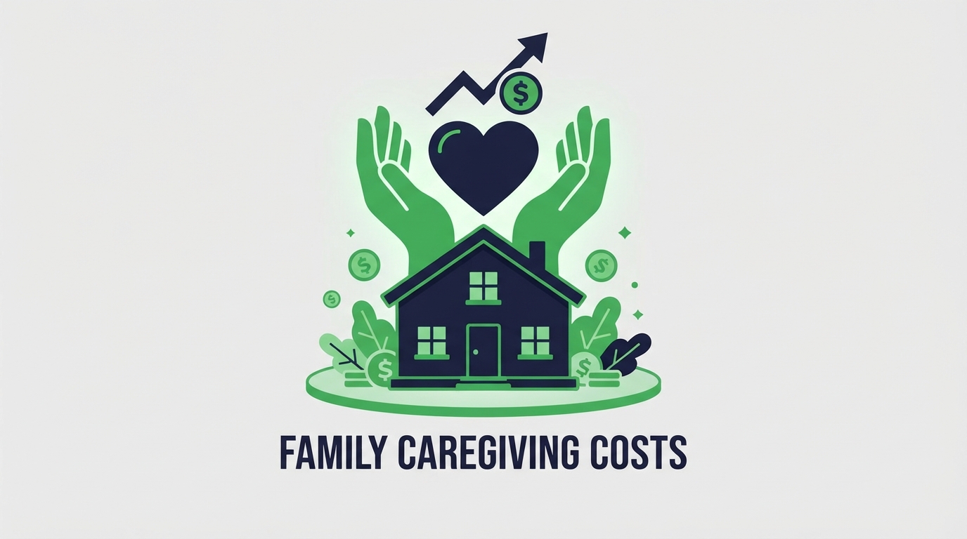 Icon illustration of a heart and helping hands over a house for family caregiving costs