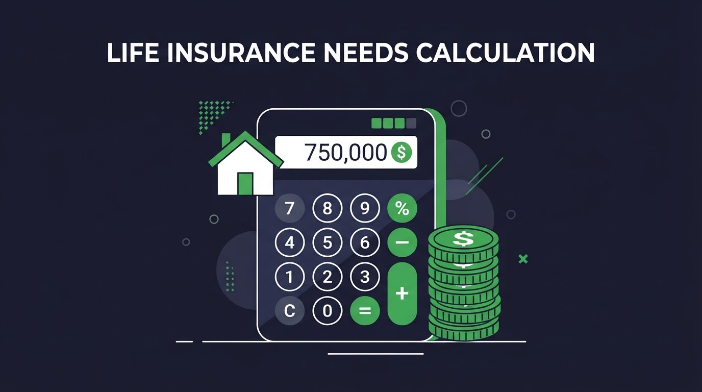 Icon illustration of a calculator with a house and coins for life insurance needs