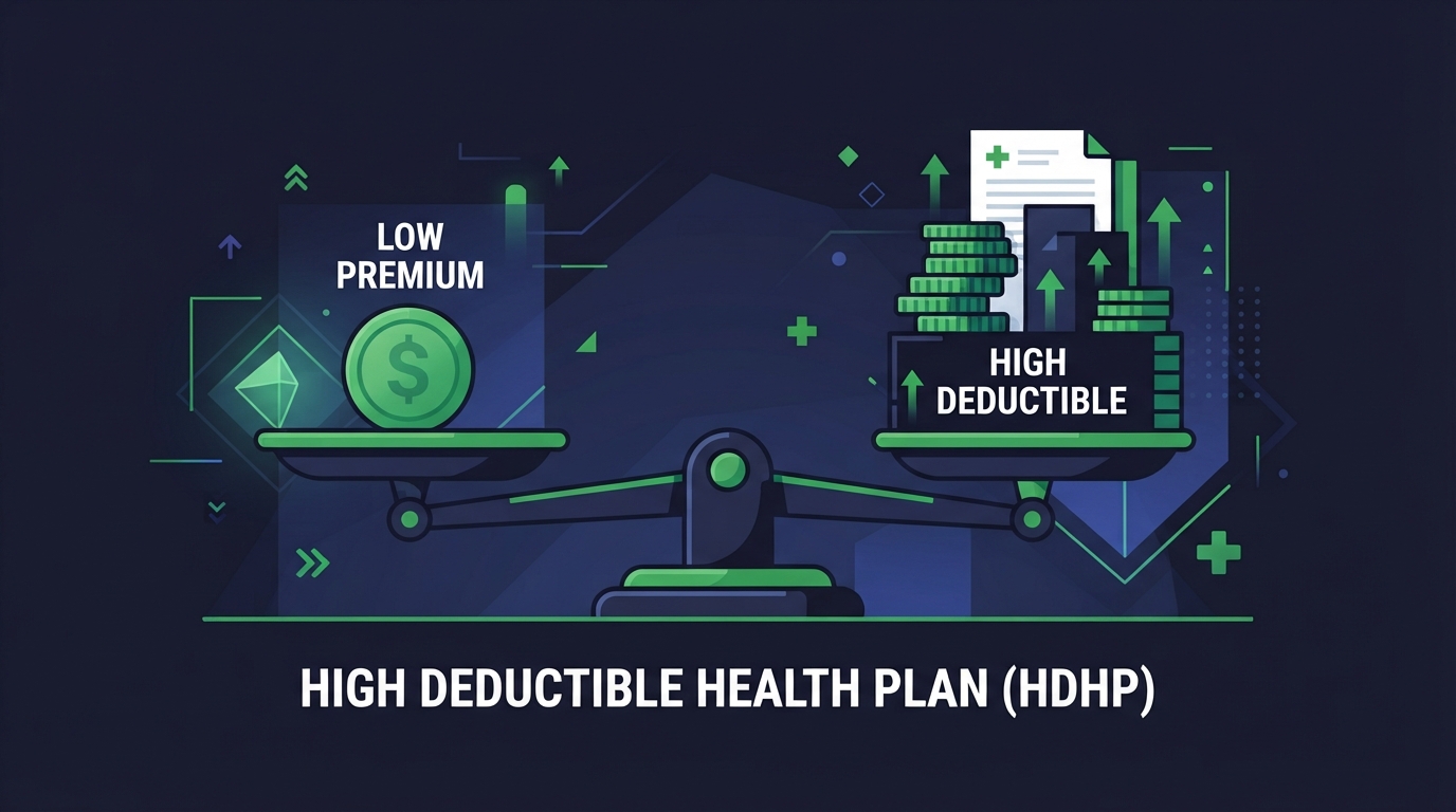 Icon illustration of a balance scale weighing a low premium against a high deductible
