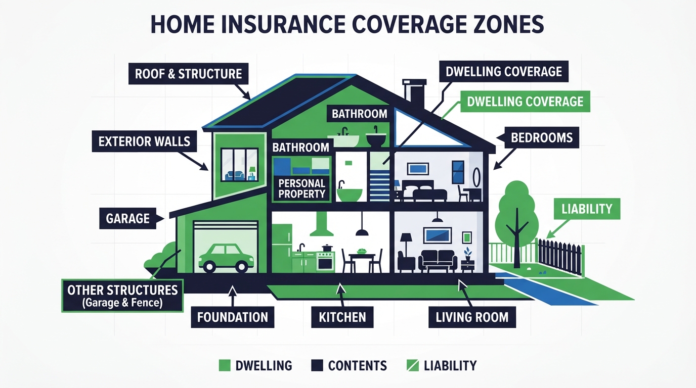Icon cutaway house diagram with labeled home insurance coverage zones