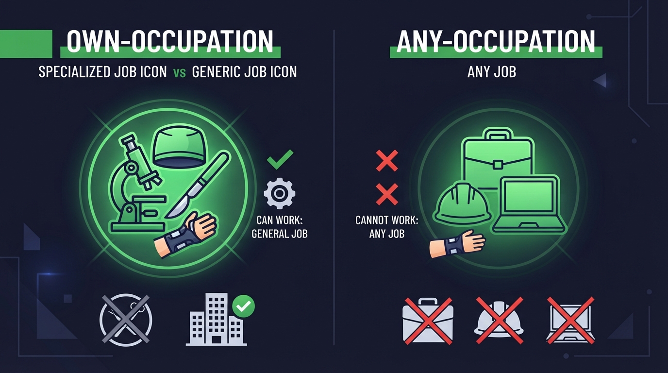 Icon illustration comparing a specialized job and a generic job for own-occ vs any-occ disability