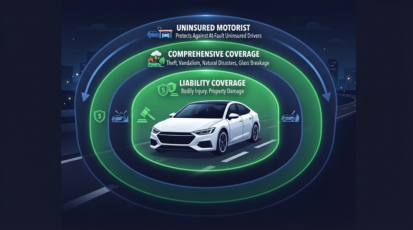 Icon diagram of auto insurance coverage types as protective layers around a car