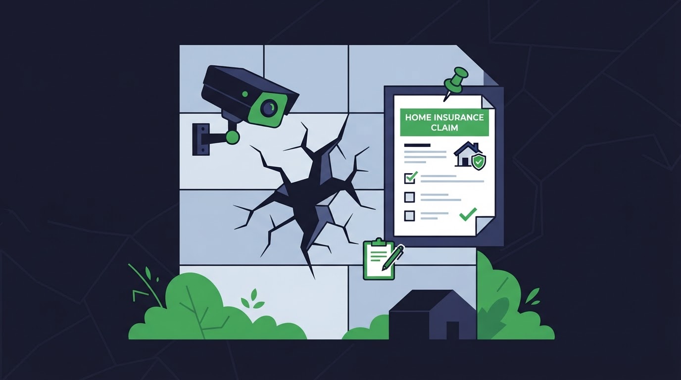 Icon illustration of a damaged house wall with a camera and claim document
