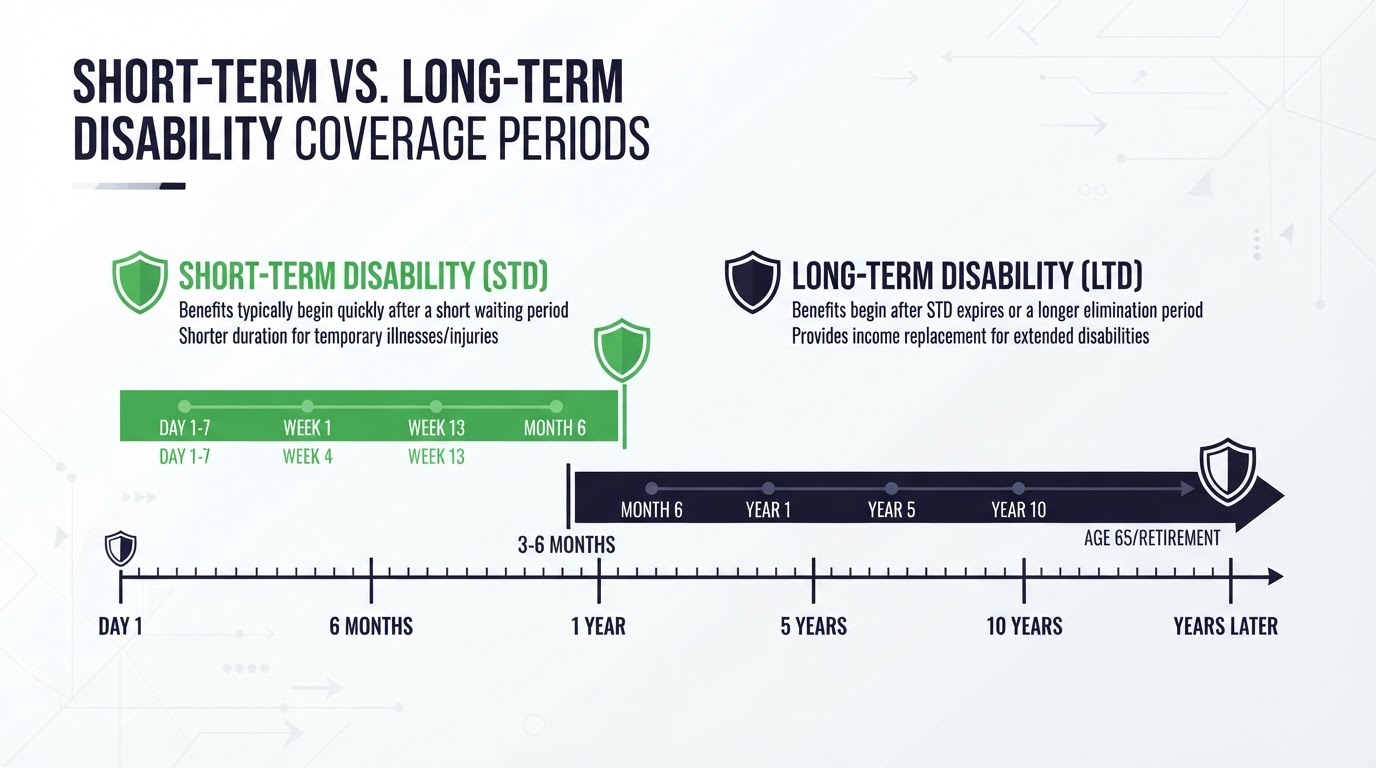 Icon timeline comparing short-term and long-term disability coverage periods