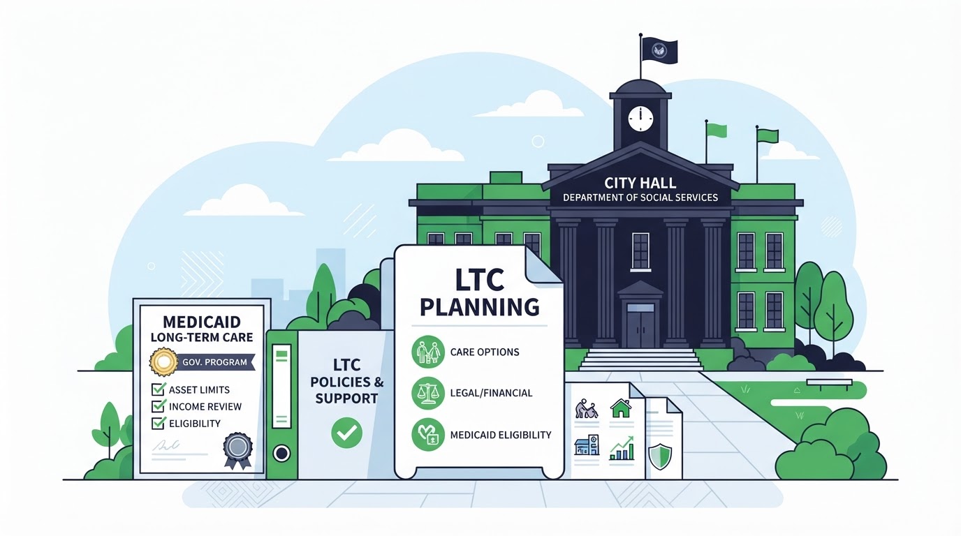 Icon illustration of a government building with LTC planning documents for Medicaid