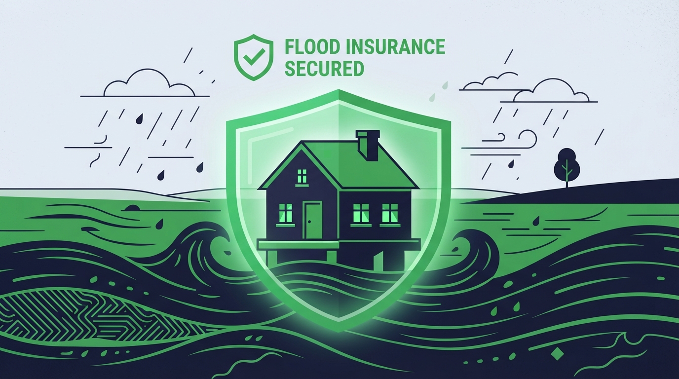 Icon illustration of a house in floodwater with a protective shield for flood insurance