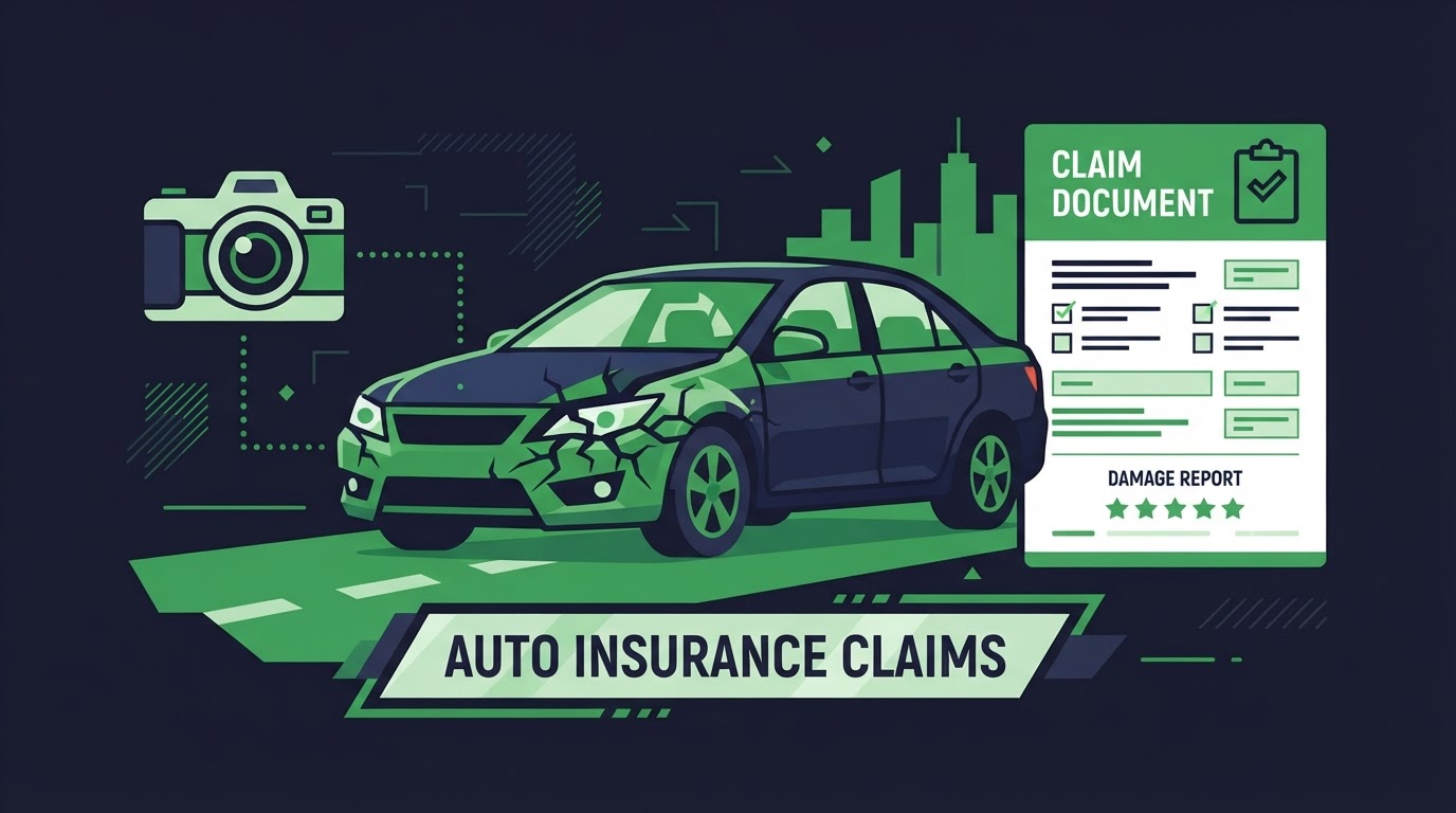 Icon illustration of a damaged car with a camera and claim document for auto insurance claims