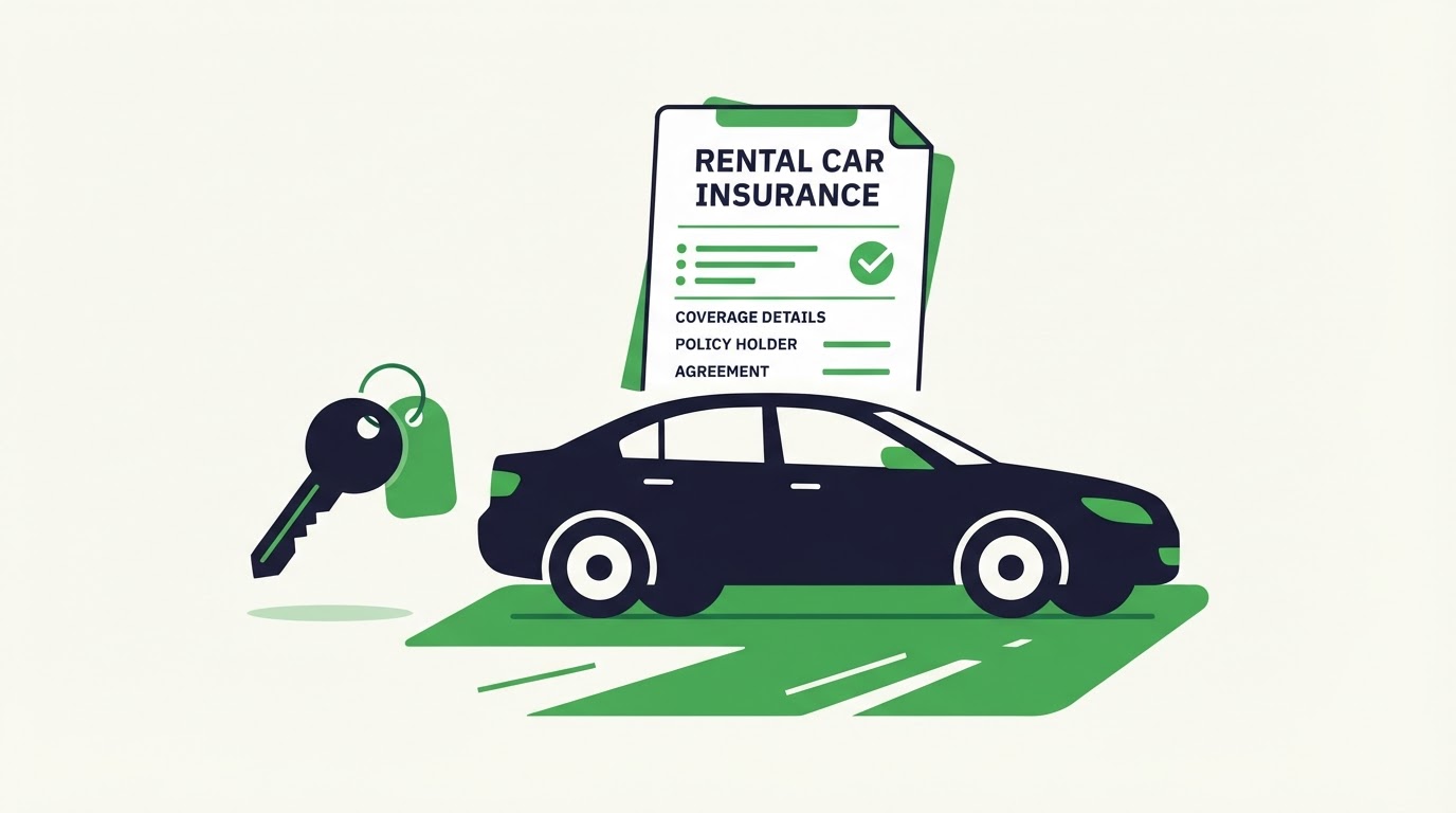 Icon illustration of a rental car with a key and insurance document