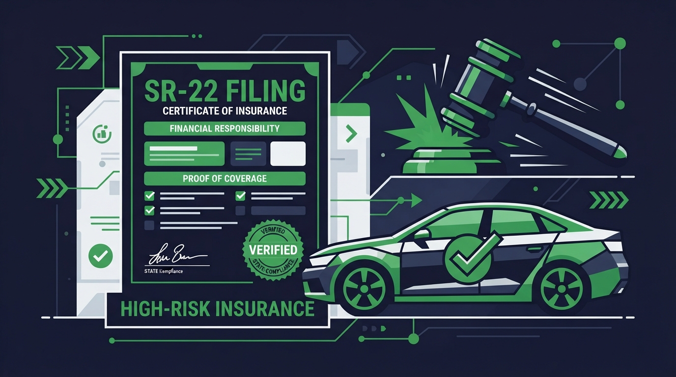 Icon illustration of an SR-22 filing certificate with a gavel and car for high-risk insurance
