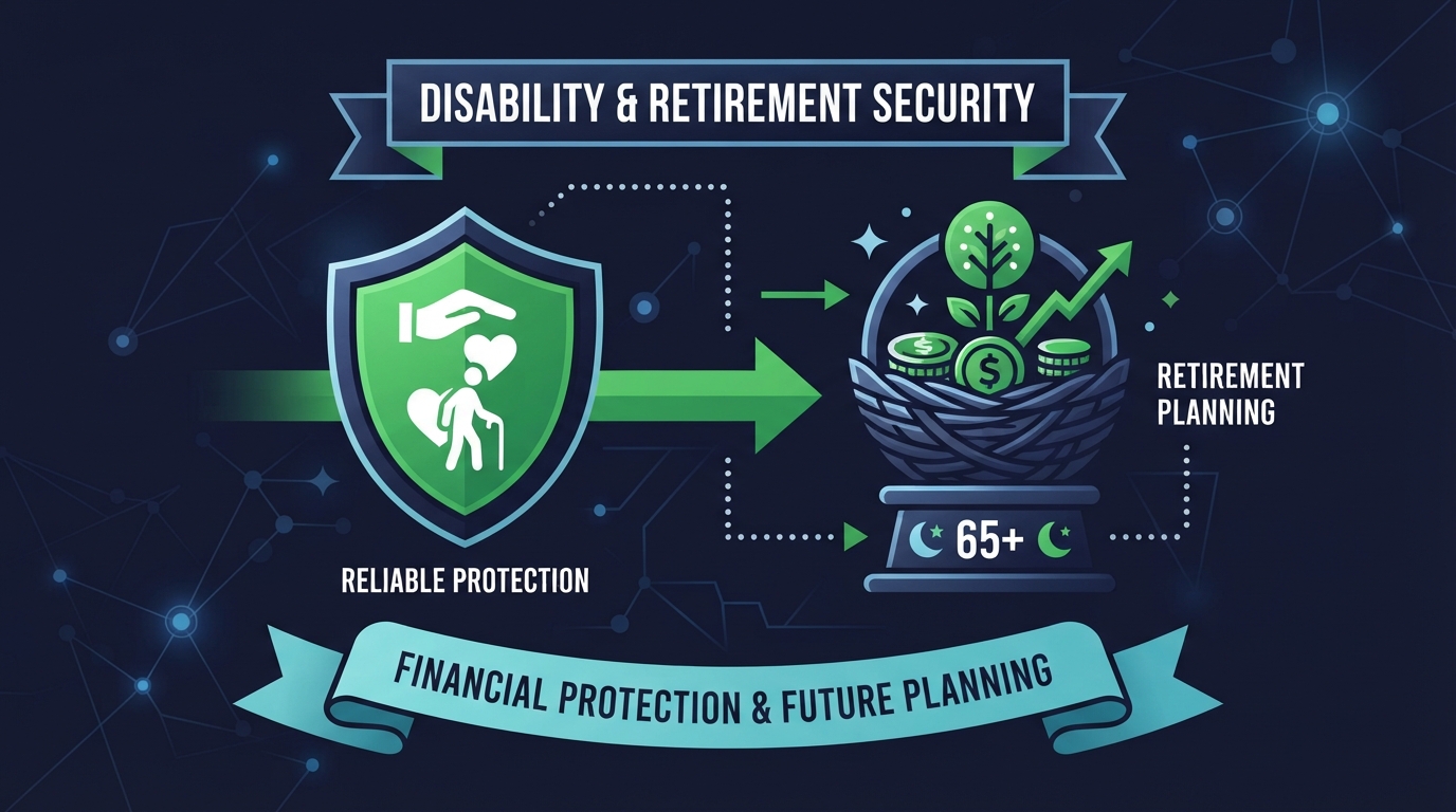 Icon illustration of a disability shield linked to a retirement nest egg