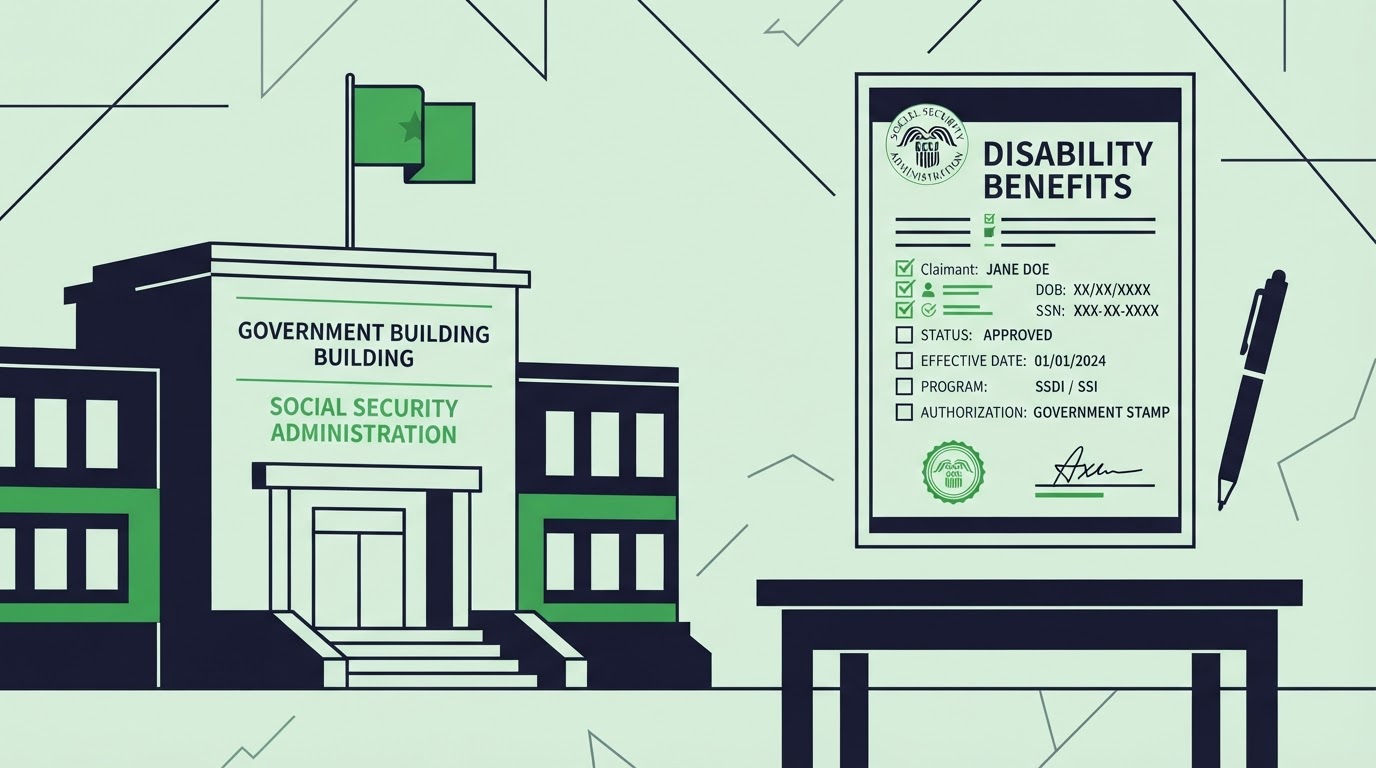 Icon illustration of a government building with a disability benefits document for SSDI