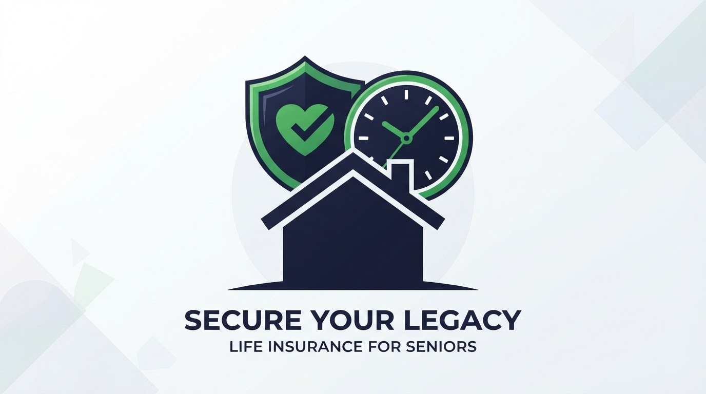 Icon illustration of a clock and shield over a house for senior life insurance