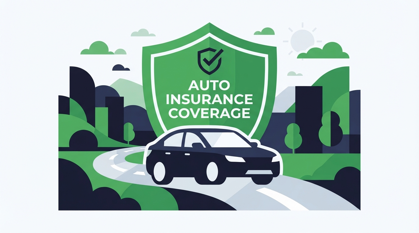 Icon illustration of a car on a road with a protective shield for auto insurance