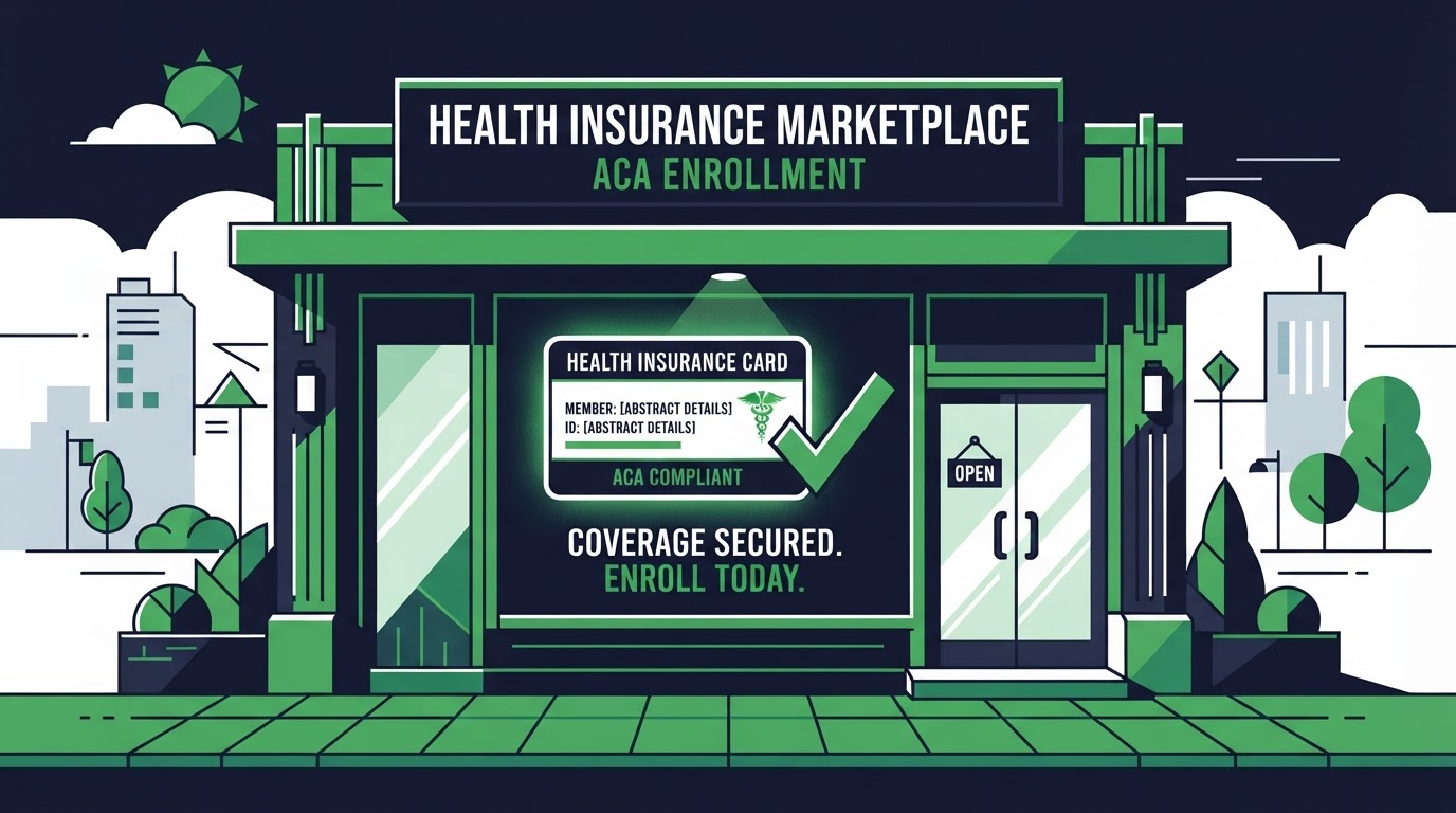Icon illustration of a marketplace storefront with an insurance card for ACA enrollment
