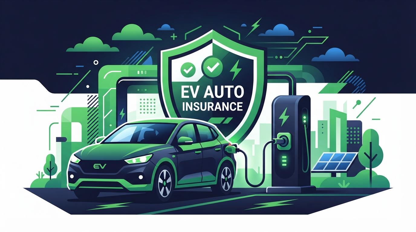 Icon illustration of an electric vehicle at a charging station for EV auto insurance