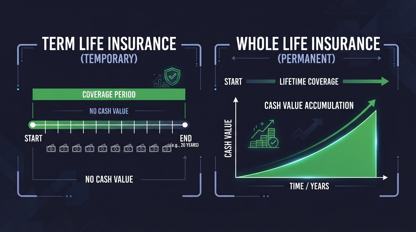 Icon illustration comparing a term life timeline and whole life cash value growth